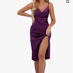 Women's Satin Drape Cowl Neck Sleeveless Cami Split Slit Party Midi Purple Dress